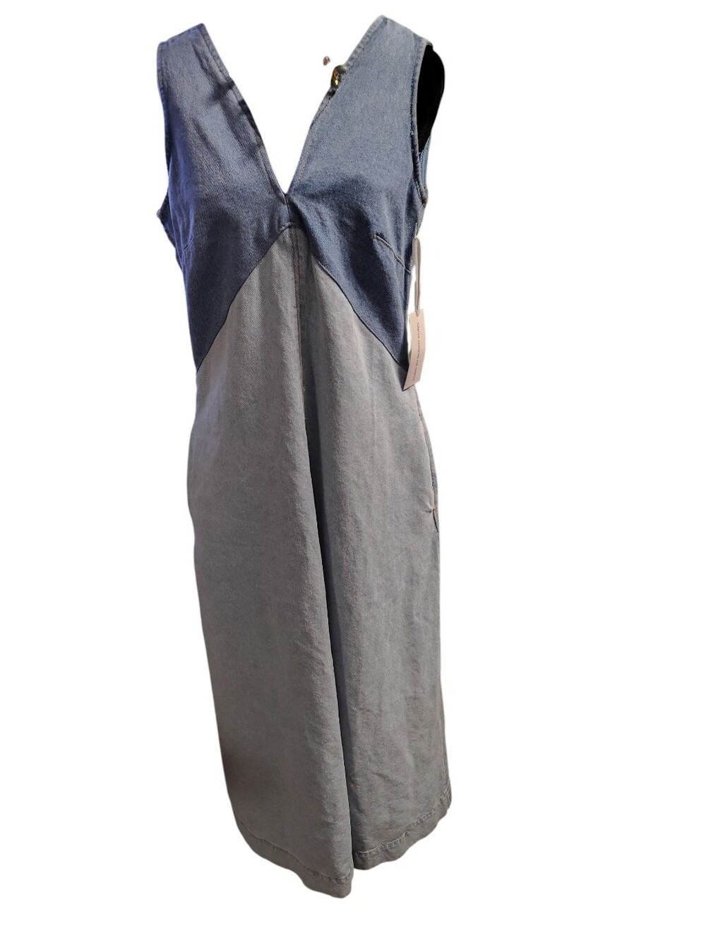 Torn By Ronny Kobo Denim Maxi Dress With Pockets, V Front And Back, Size M, NWT